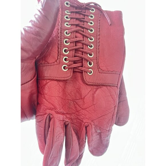 Red Leather Gloves Size XL Anne Klein Vintage Lace Up Retro Christmas Gift Woman - Picture 4 of 11